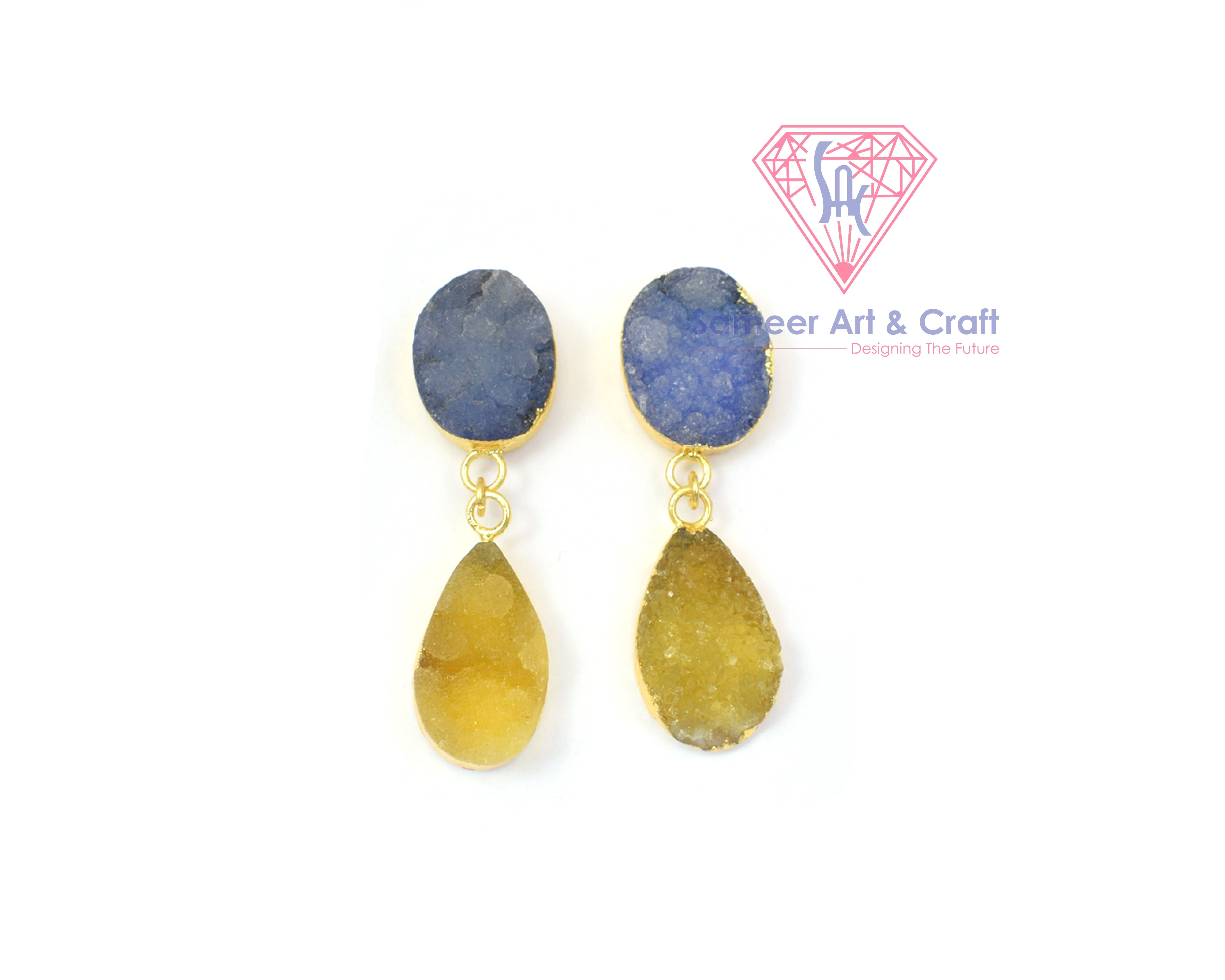 Multi Color Druzy Gemstone With Electroplated Gold Plated Handmade Stud Earrings