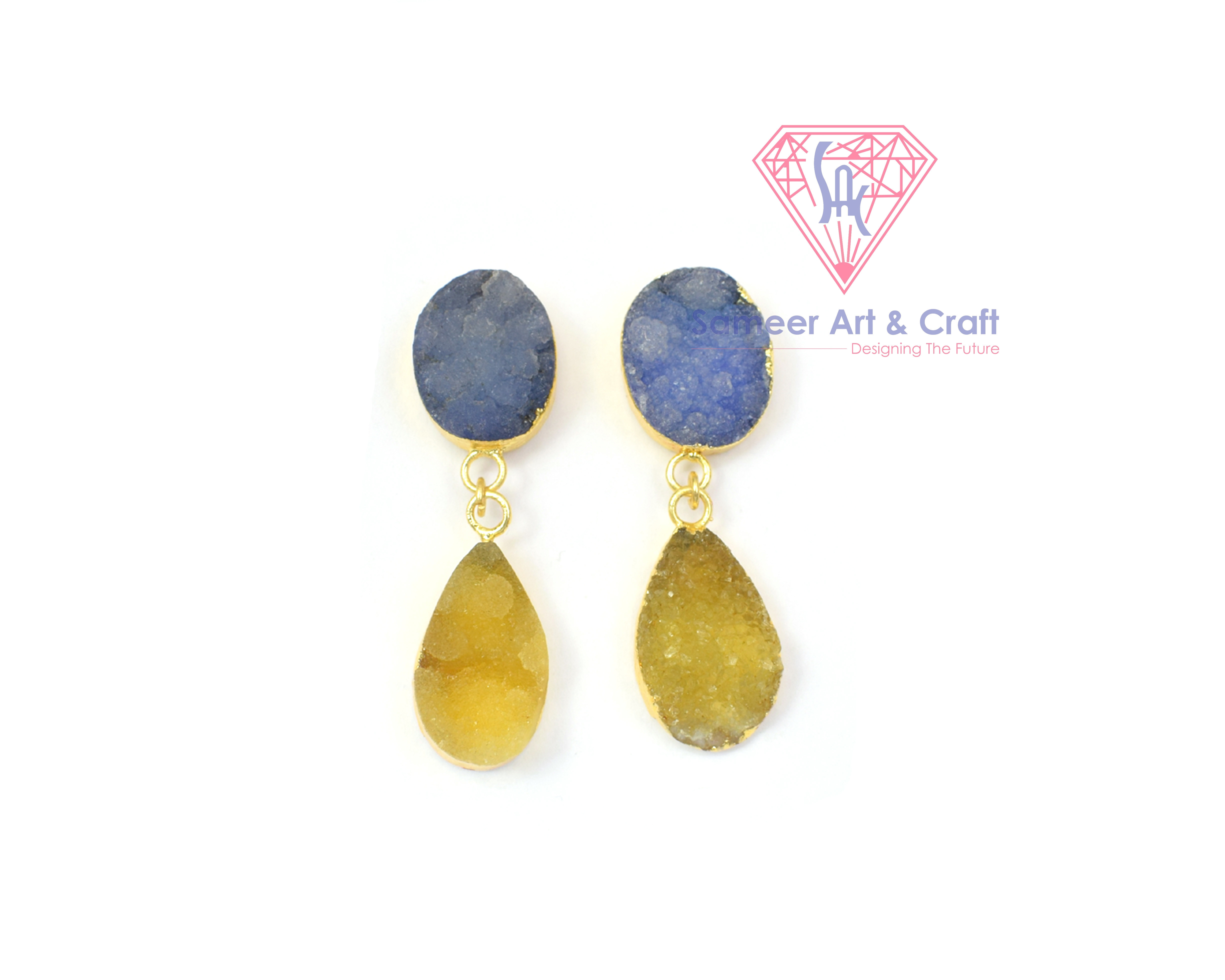 Multi Color Druzy Gemstone With Electroplated Gold Plated Handmade Stud Earrings
