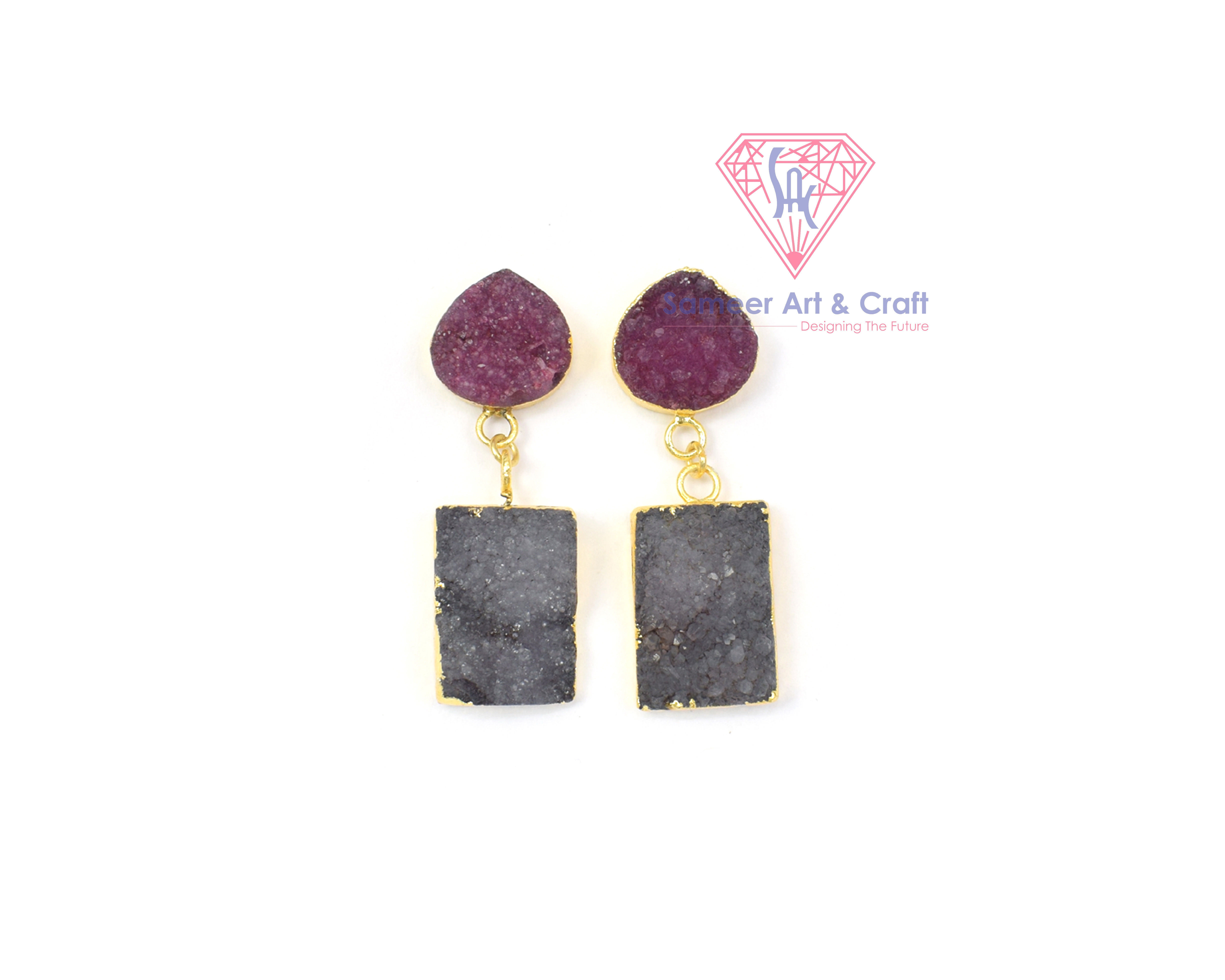 Multi Color Druzy Gemstone With Electroplated Gold Plated Handmade Stud Earrings