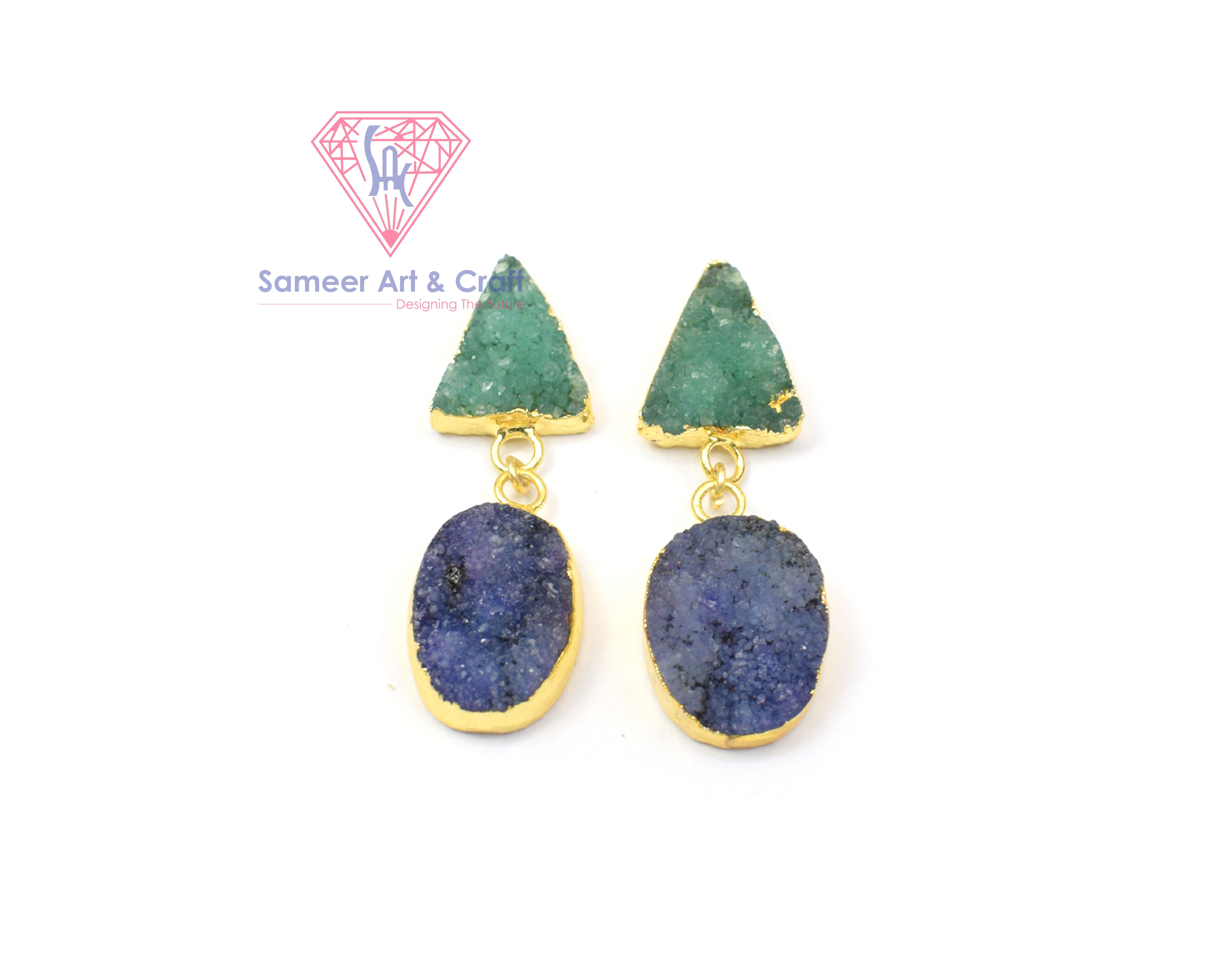 Multi Color Druzy Gemstone With Electroplated Gold Plated Handmade Stud Earrings