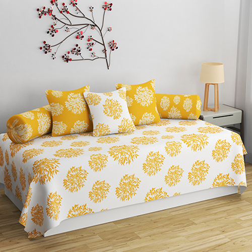 Yellow White Patch Diwan Cover Set - Feature: Washable