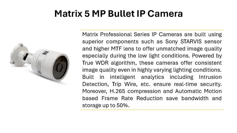 Matrix 5 MP IP Bullet Camera (SATATYA MIBR50FL28CWP) - CCTV Camera