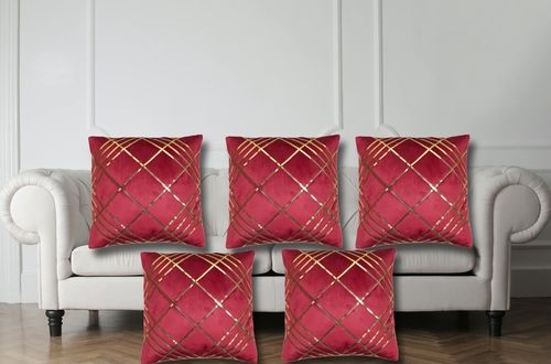 Velvet Checked Designs Cushion Cover Set Of 5 - Color: Maroon