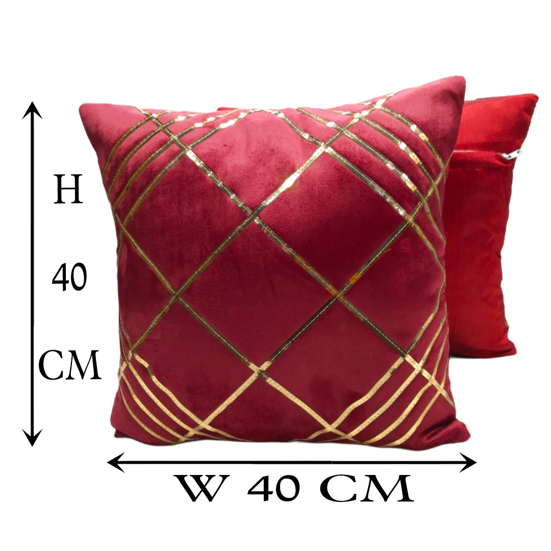 Velvet Checked Designs Cushion Cover Set Of 5 - Color: Maroon