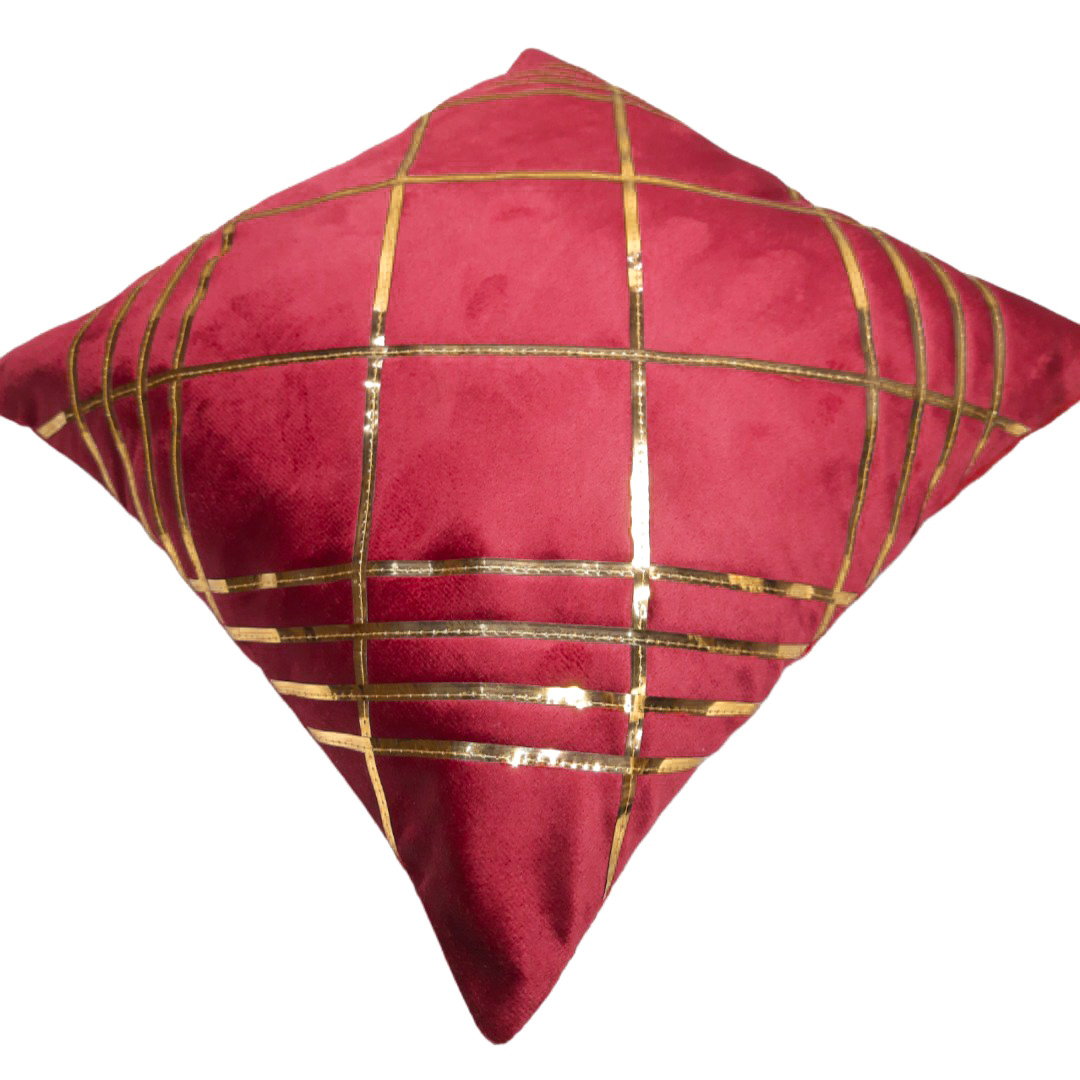 Velvet Checked Designs Cushion Cover Set Of 5 - Color: Maroon