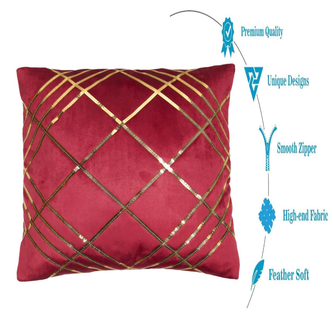 Velvet Checked Designs Cushion Cover Set Of 5 - Color: Maroon