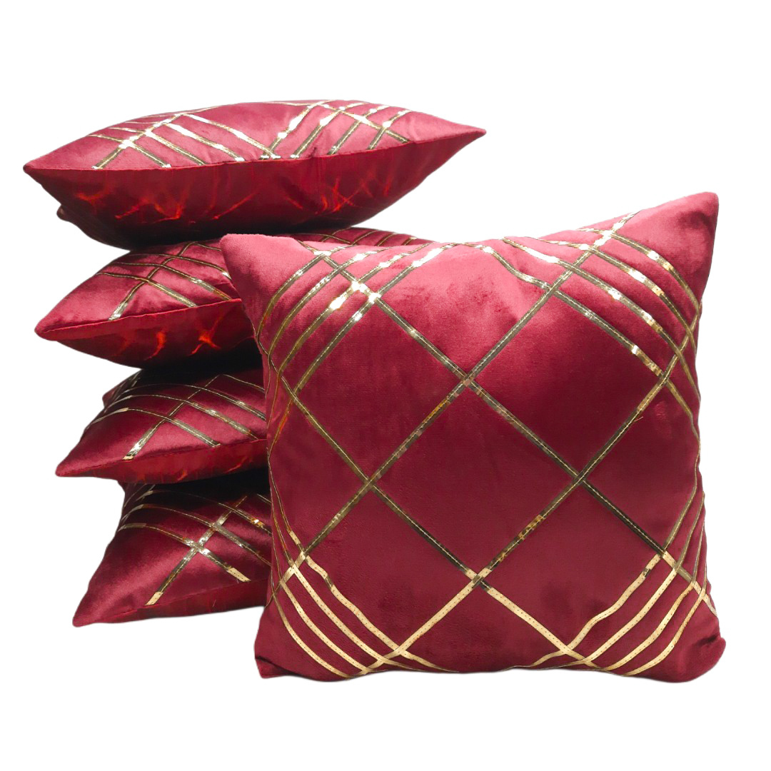 Velvet Checked Designs Cushion Cover Set Of 5 - Color: Maroon