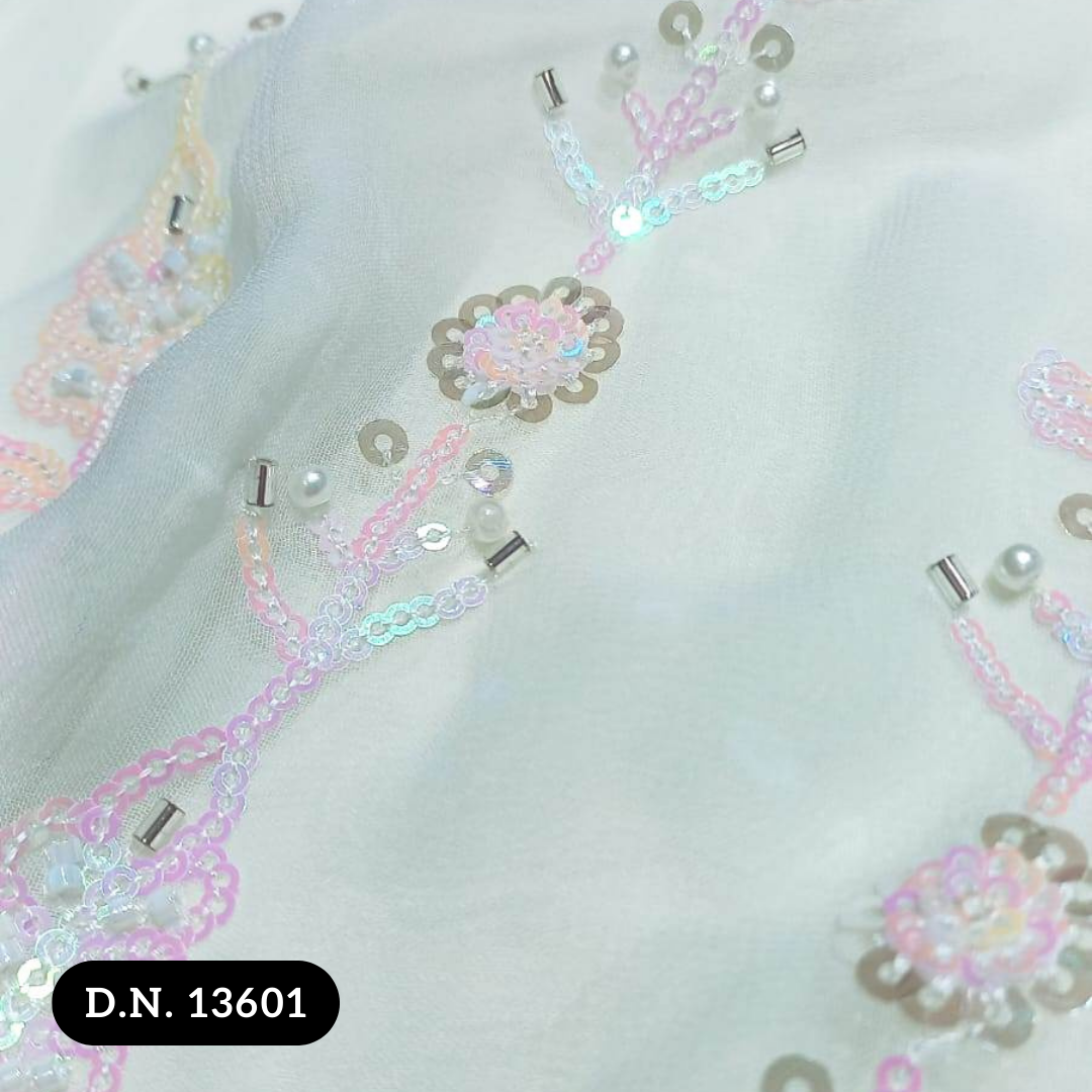 White Mesh Heavy Beaded Fabric For Lehenga, Gown, And More