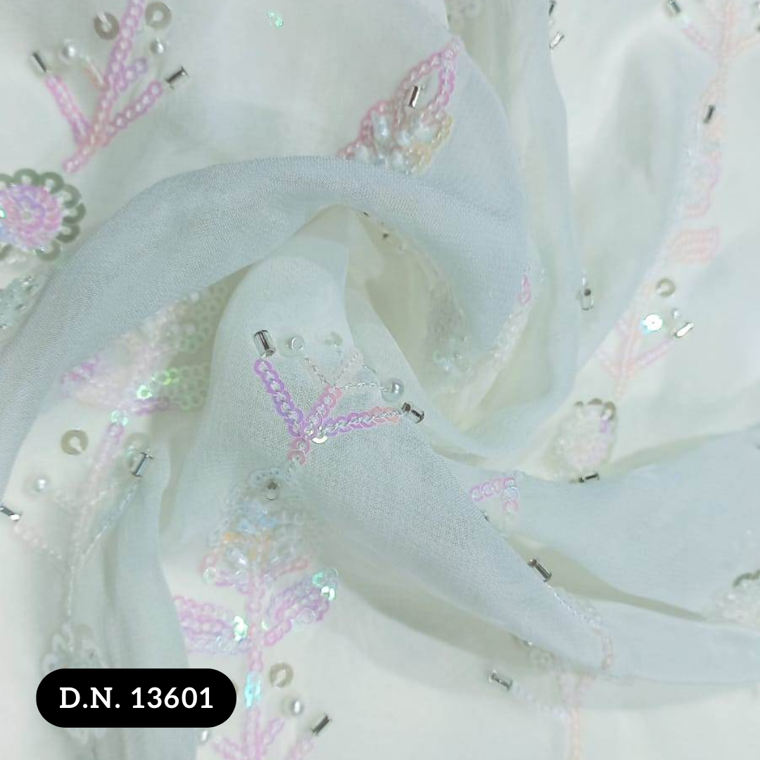 White Mesh Heavy Beaded Fabric For Lehenga, Gown, And More