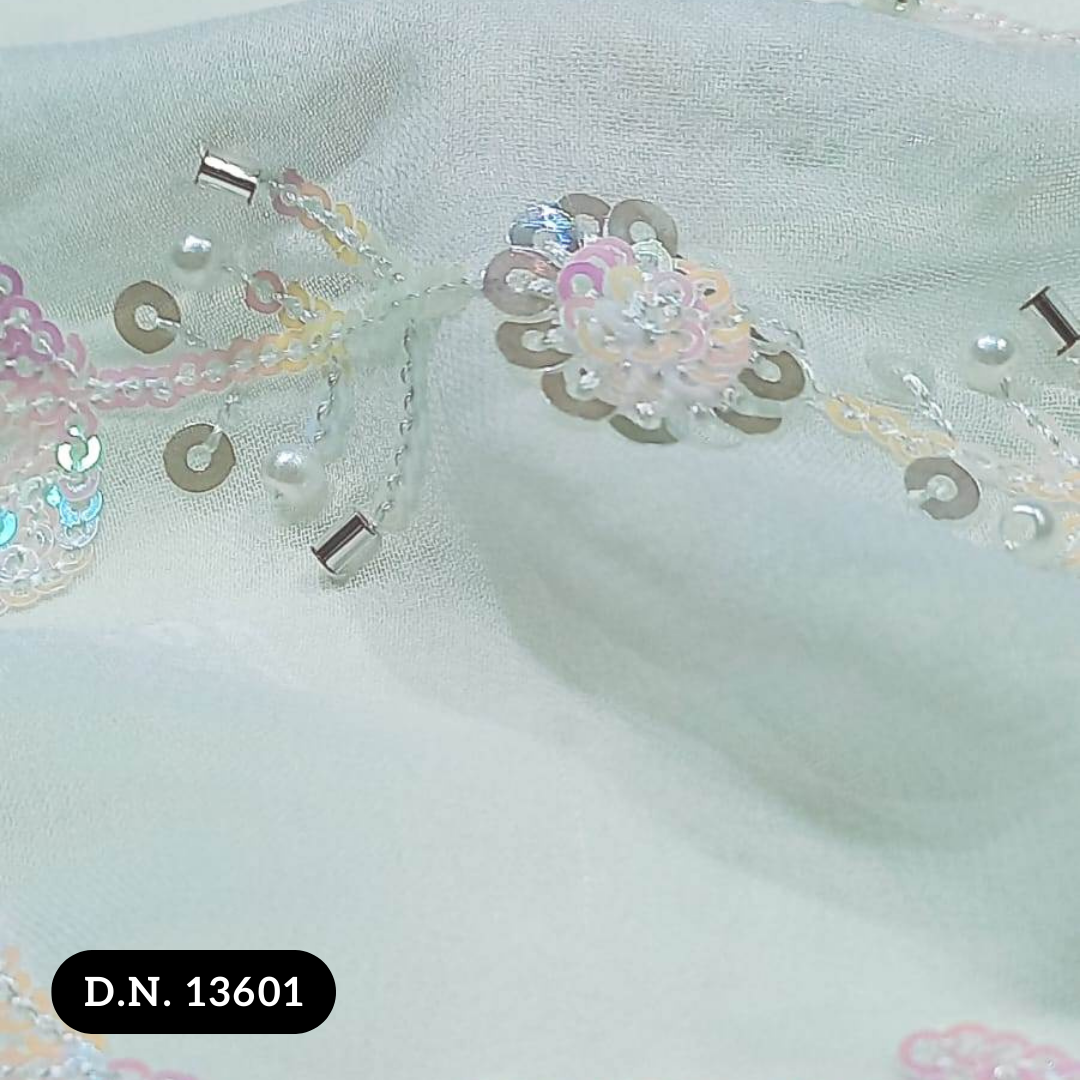 White Mesh Heavy Beaded Fabric For Lehenga, Gown, And More