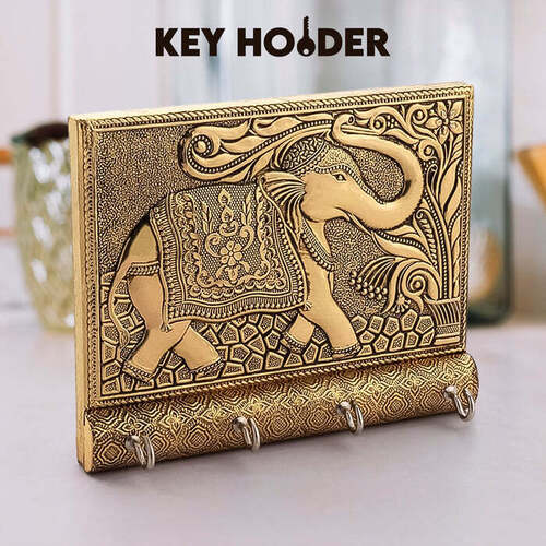 Wooden Key Holder for Home Decor Stylish Metal Gold Antique Elephant Design