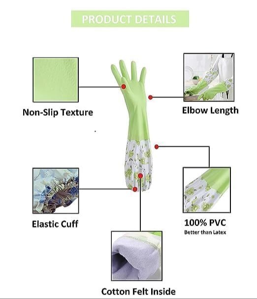 Reusable Pvc Hand Gloves - Thickening Rubber With Extra Long Cuff | Waterproof, Multicolor, Soft Lining, Gripping Nubs For Effortless Cleaning Tasks