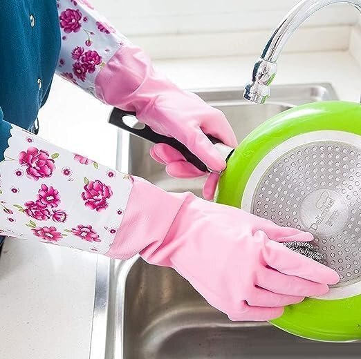 Reusable Pvc Hand Gloves - Thickening Rubber With Extra Long Cuff | Waterproof, Multicolor, Soft Lining, Gripping Nubs For Effortless Cleaning Tasks