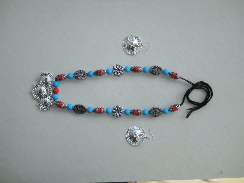 Traditional Navratri Necklace - Silver Plated Copper Pendant, Various Colors, Beautiful Design with Beads, Suitable for Male & Female