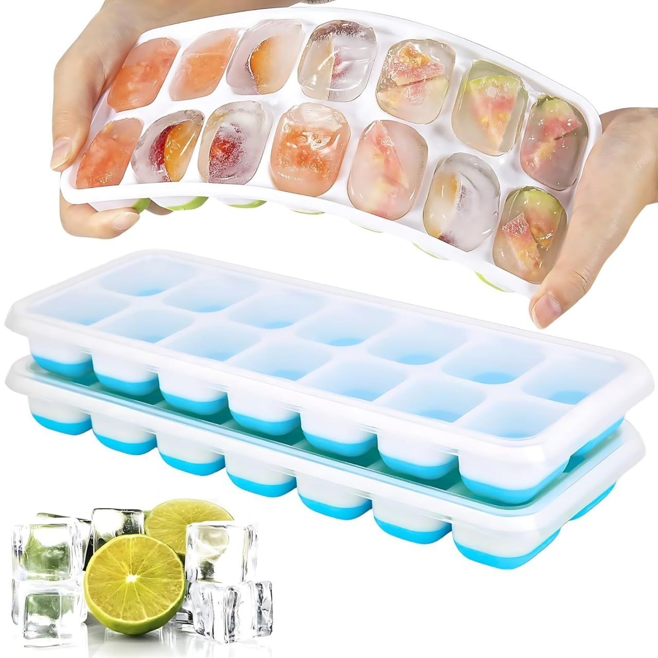 Mitsico 14 Cavity Ice Cube Tray - Flexible Silicone, Multicolor Design With Innovative Lid For Easy Filling, Cleaning, And Versatile Use