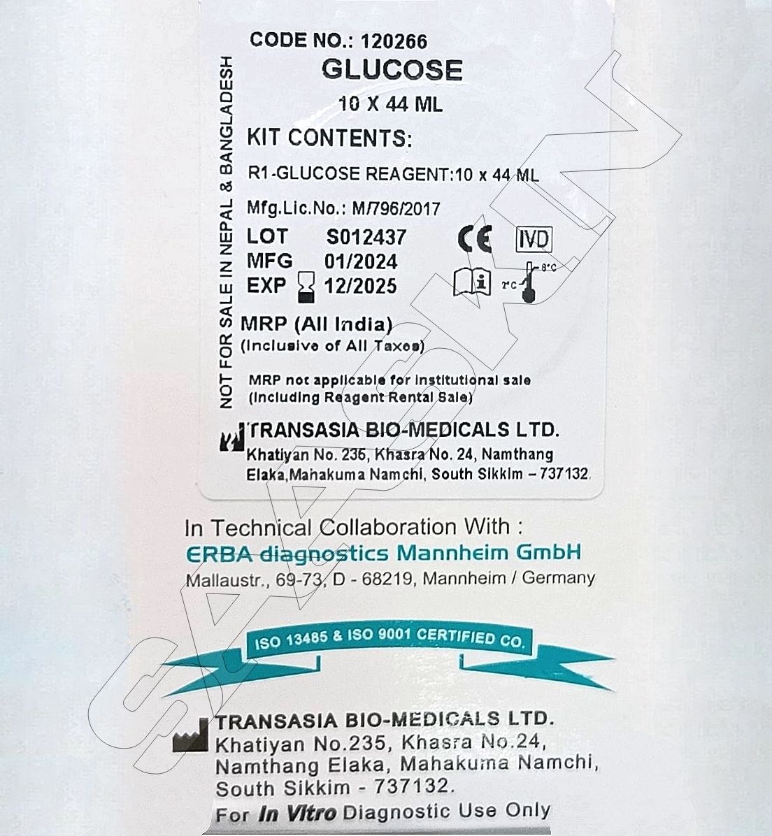 Erba Mannheim System Pack Glucose Kit