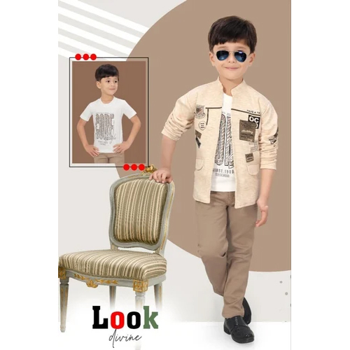 Open Jacket Pant T Shirt Set - Cotton Polyester Blend, Size M, Cream and Brown | Modern Printed Design, Full Sleeves, Easily Washable for Boys Ages 5-7