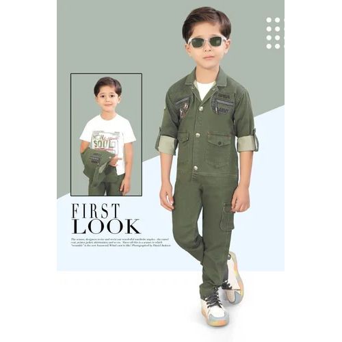 Full Sleeves Denim Jacket Cargo Pant T Shirt Set - Age Group: 6-10 Years