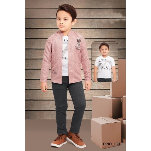Peach Open Jacket Pant Set - Denim Fabric, Medium Size, Dark Grey Base with Peach Accents - Full Sleeve Design, Customizable Logo, Washable, Modern Style for Boys Aged 6-10