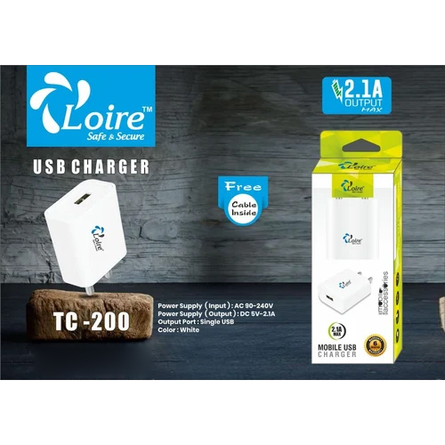 2.1A Mobile USB Charger - Polycarbonate Body, Bar Shape Design, White Color | Quick Charging for Android, Dual USB Port, 1-Year Warranty