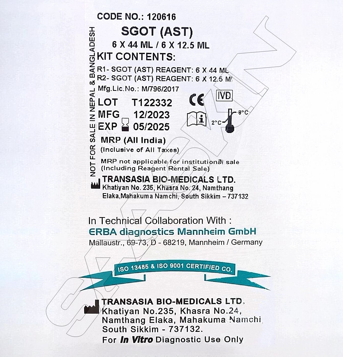 Erba Mannheim System Pack SGOT Kit