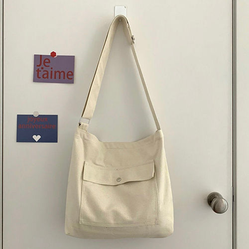 White Canvas Crossbody Tote Bag - Design: Plain