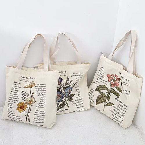 Fancy Floral Print Canvas Tote Bag - Color: White