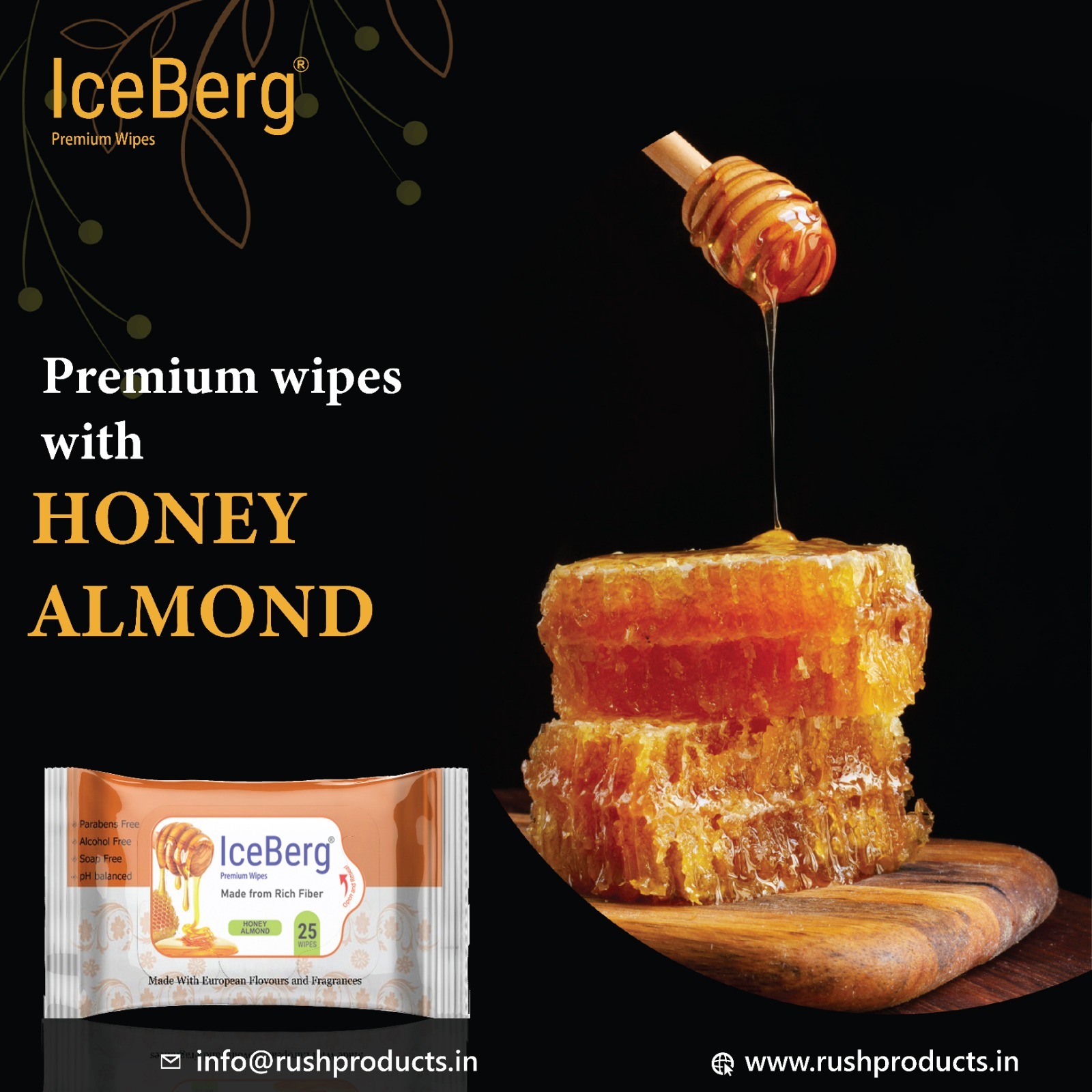 Iceberg Refreshing Honey Almond Wet Wipes - Non Woven Fabric 150 Mm X 200 Mm White | Suitable For All Ages Skin Brightening & Lightening