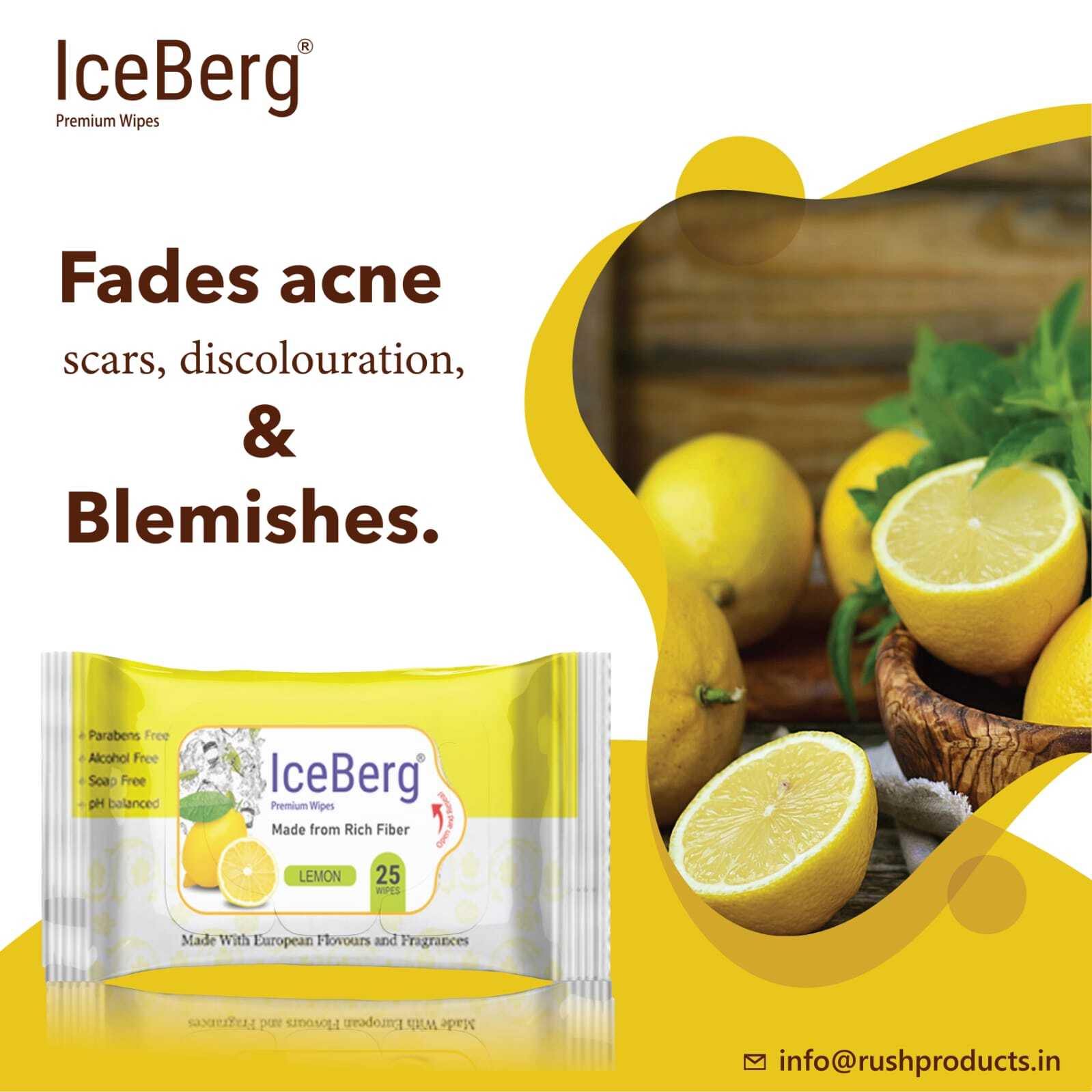 Fresh Lemon Scented Wet Wipes - Non Woven Fabric, 15x20 Cm , Kills 99.99% Germs, 100% Natural Biodegradable, Skin Brightening & Lightening