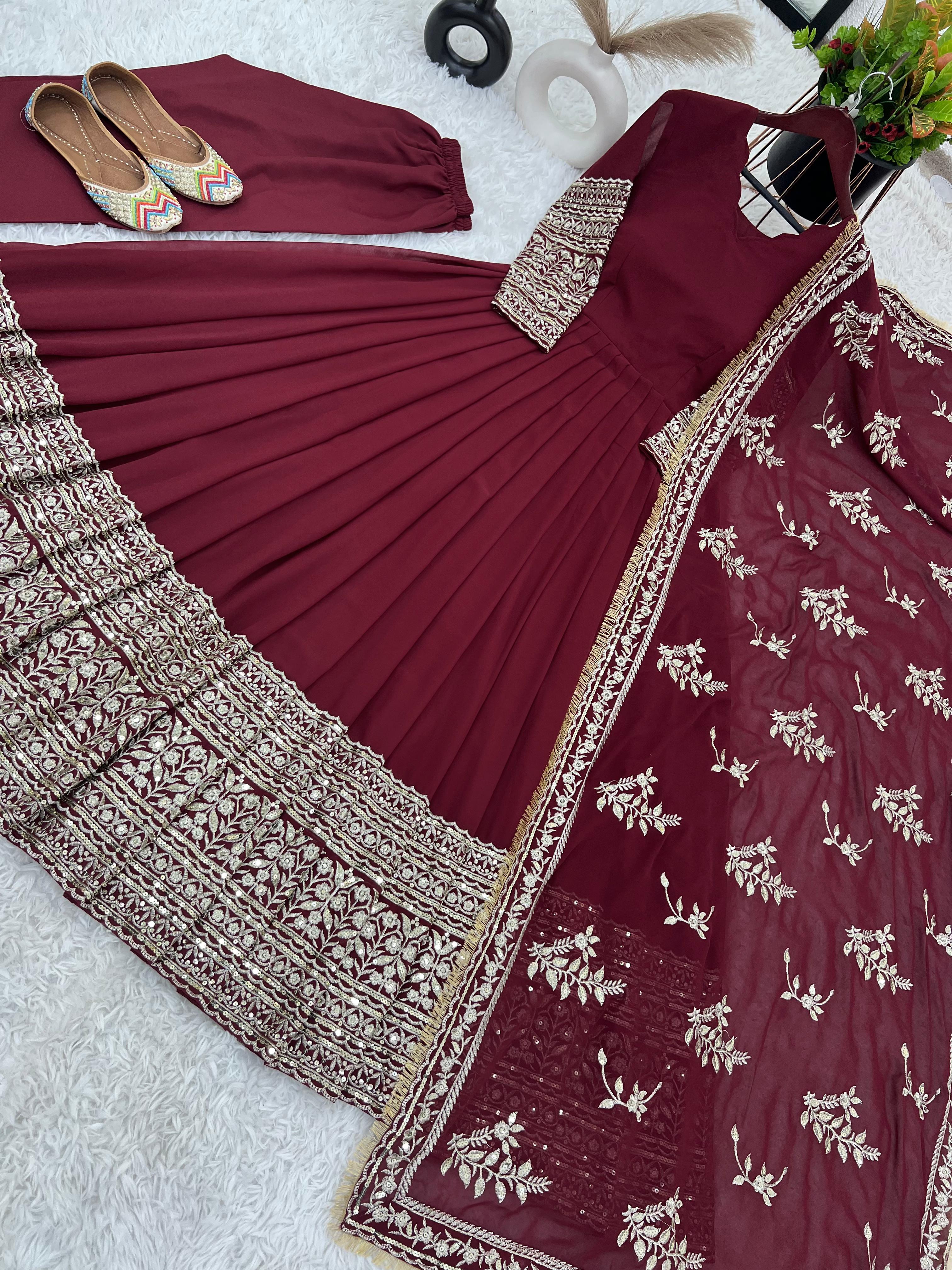 Designer Party Wear Gown - Heavy Faux Georgette, Xl(42)/xxl(44) With 51-52 Inches Length, Brown | Full Heavy Embroidery Sequence Work, Fully Stitched, Includes Dupatta With Lace Border