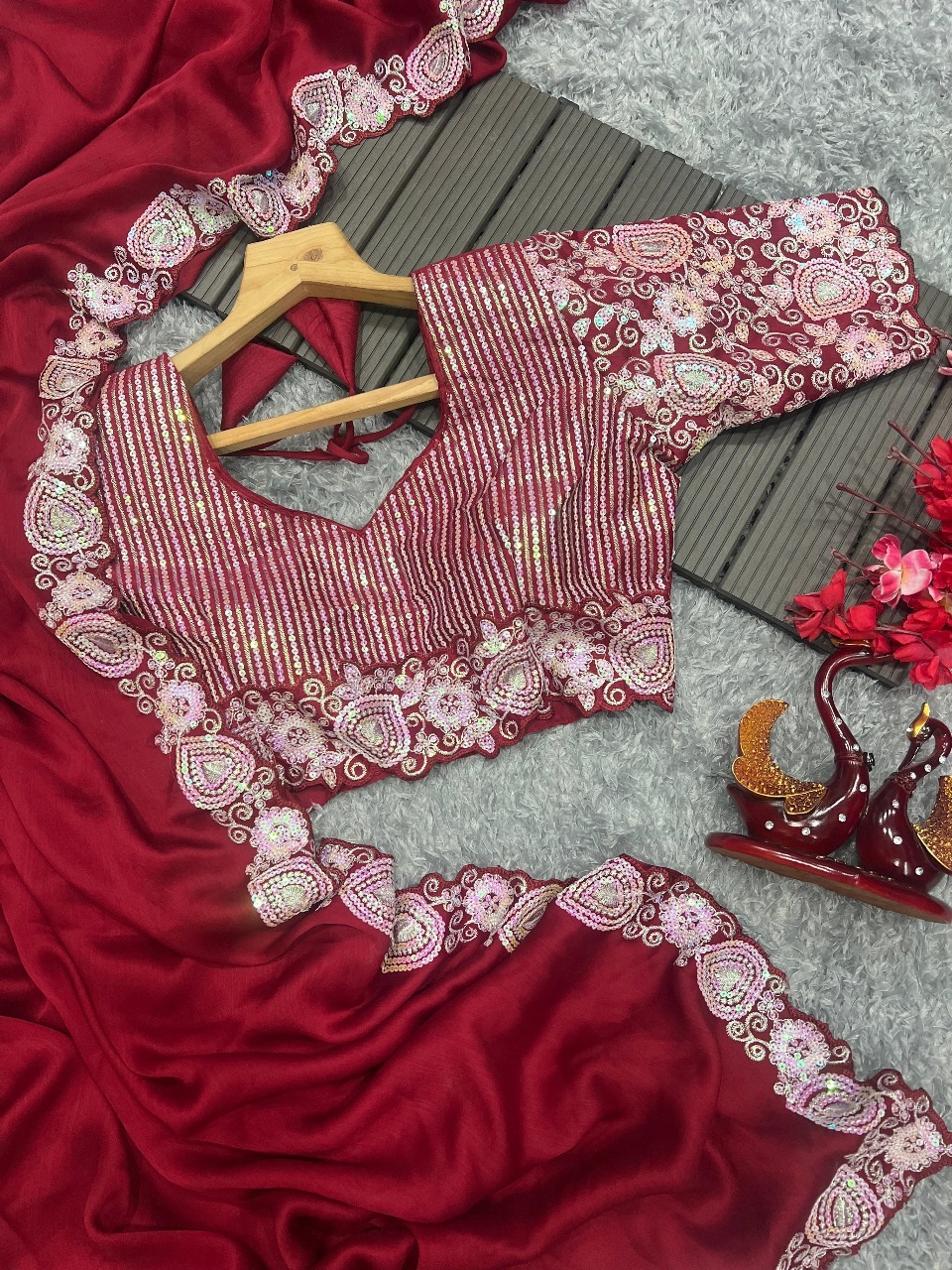 Pure Soft Black Rangoli Silk Saree - Color: Marron