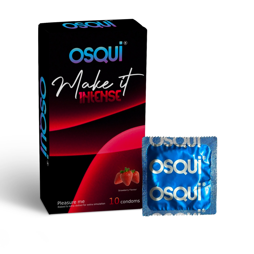 Osqui Make It Intense Strawberry Flavoured Condoms, Pack Of 10 - Color: Natural