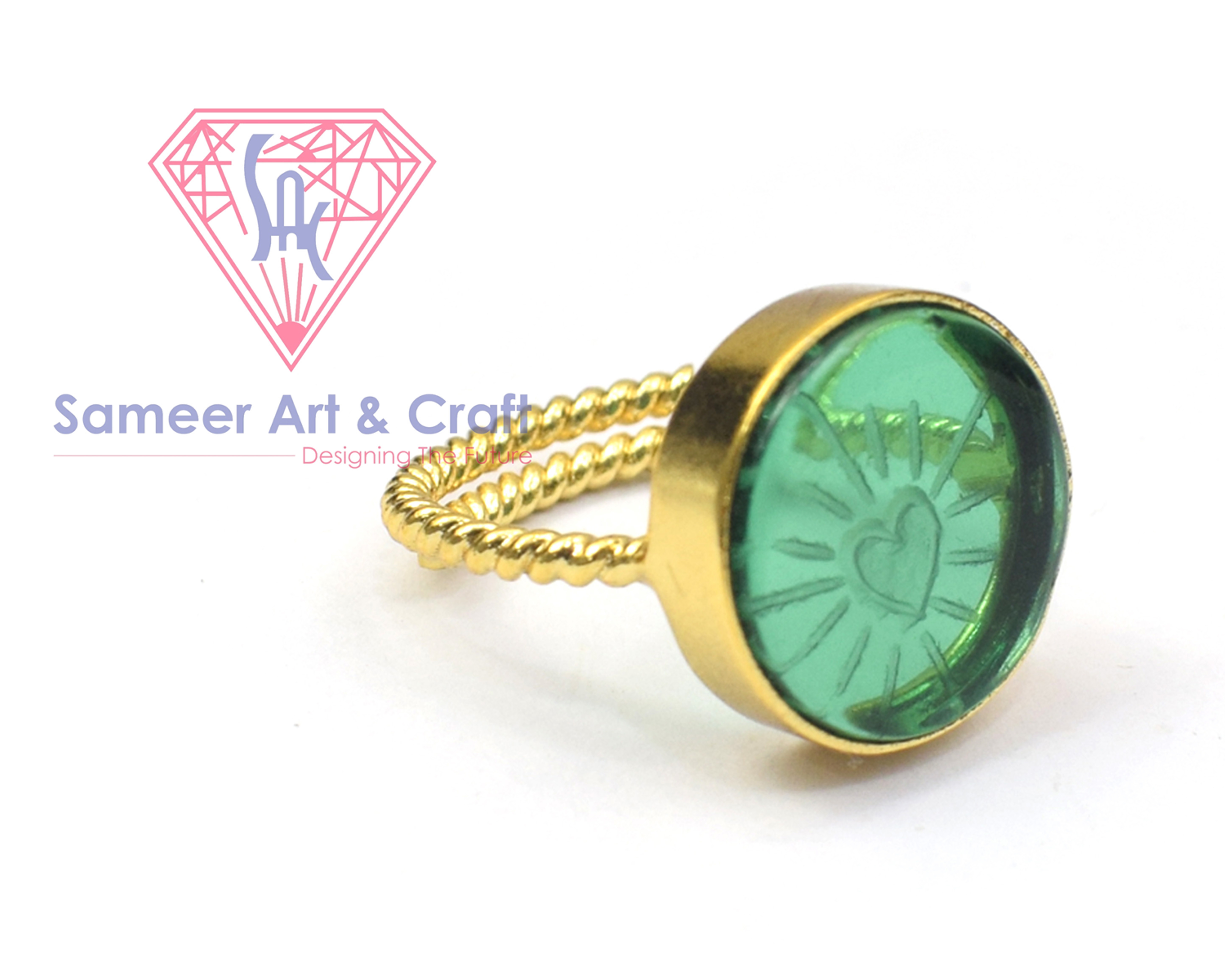 Carving Gemstone With 18k Gold Plated Handmade Adjustable Ring - Shape: Round
