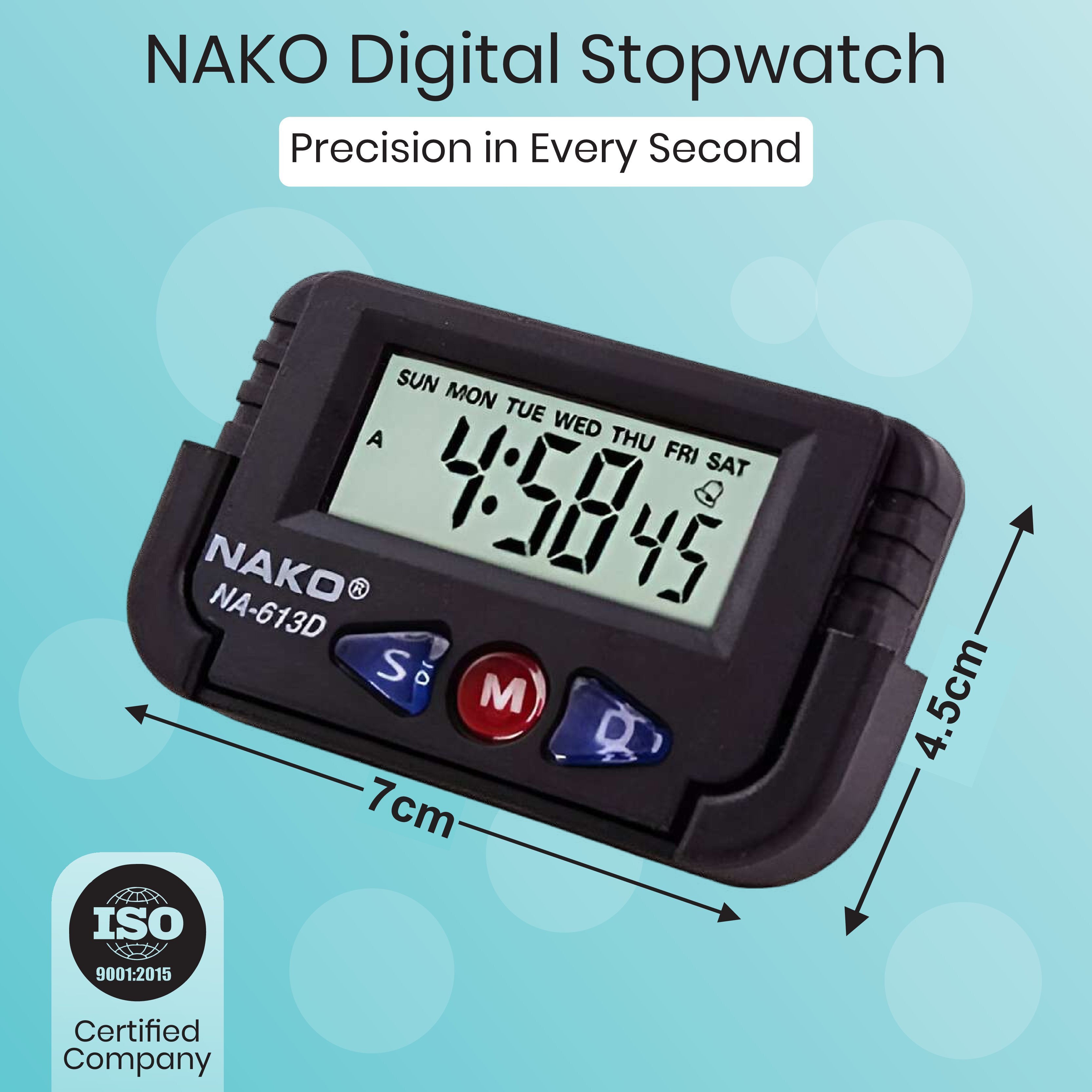 Digital Stop Watch - Plastic Material, 7.4x4.6x2.8 Centimeters Dimensions, Black Color, Standard Rectangle Design