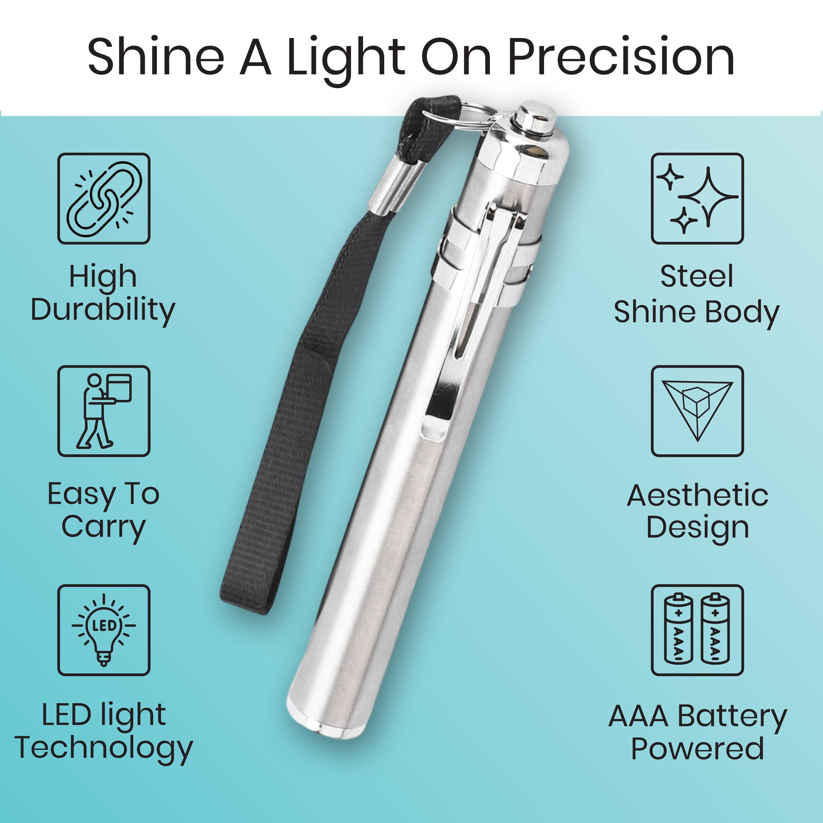 Medical Pen Torch - Anodized Aluminum, 50d X 6w X 5h Mm, Silver | Lightweight Design, Led Light Source, Battery Powered, Portable Use