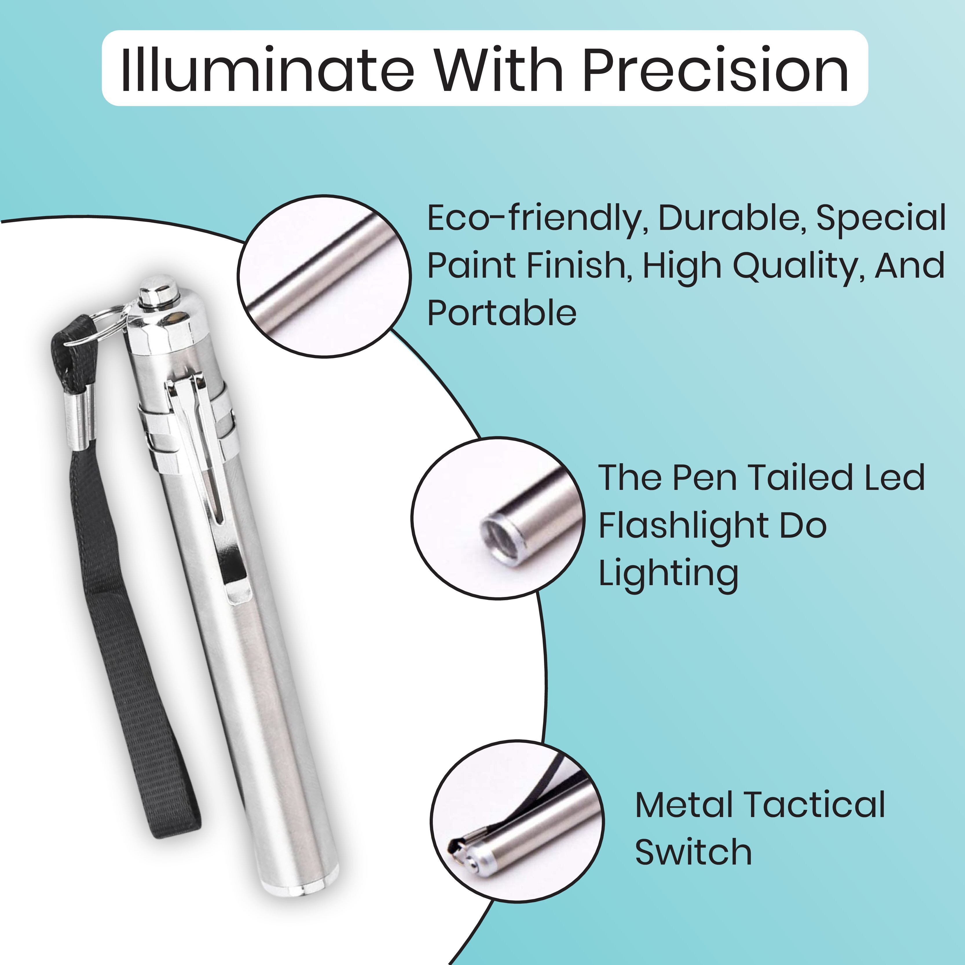 Medical Pen Torch - Anodized Aluminum, 50d X 6w X 5h Mm, Silver | Lightweight Design, Led Light Source, Battery Powered, Portable Use