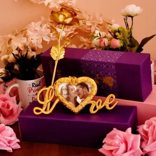 Personalized Photo With Gold Rose Love Letters Stand - Color: Golden