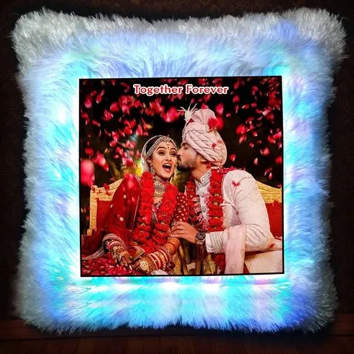 Square Shaped Personalized Led Fur Cushion - Color: White