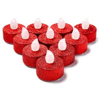 Led Flame-less Tealight Candles - Plastic, Round | Red Glitter Finish, Cozy Ambiance, Battery Powered, Safe For Children And Pets
