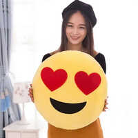 Heart Eyes Emoji Cushion - Cotton Material, Round Shape, 12 Inches Diameter, Yellow & Red Color, Printed Pattern, Zipper Closure, Customizable Designs