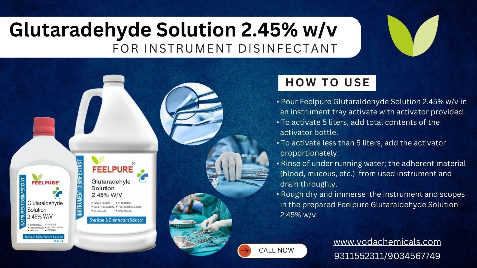 Glutaraldehyde Solution 2.45% Instrument Disinfectant 1 Liter - 99% Purity, Medicine Grade Liquid, 2 Years Shelf Life, Efficient For Metal & Glass Instruments