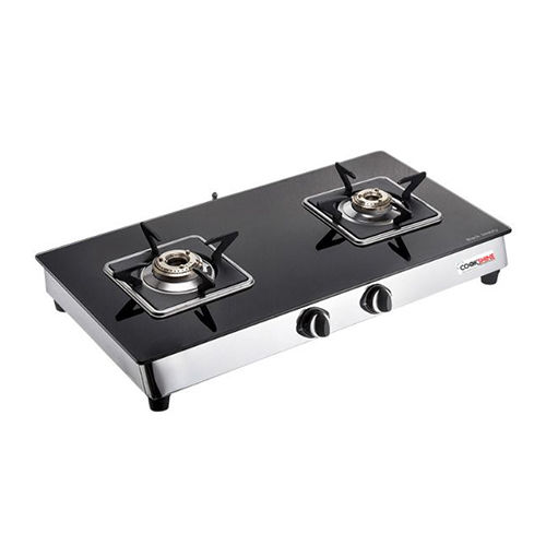 2 BURNER STOVE WITH BLACK GLASS AND SQUARE PAN SUPPORTS