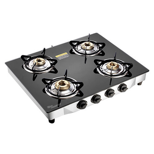 FOUR BURNER LPG STOVE WITH BLACK GLASS AND SS FRAME