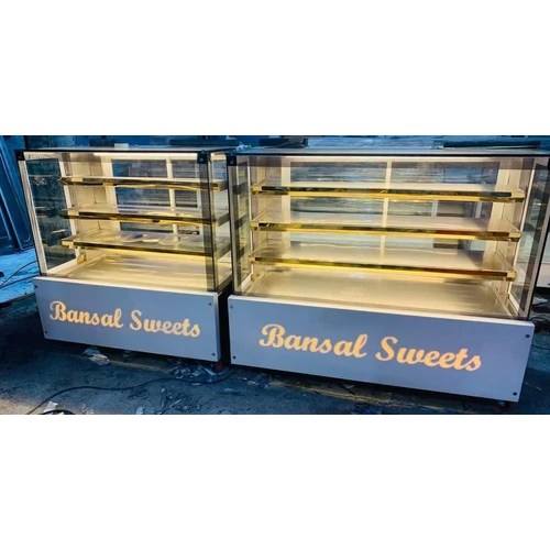 Cake Display Counter - Glass and Polished Stainless Steel, 4.5 Feet Tall, Silver Color, Customizable Design