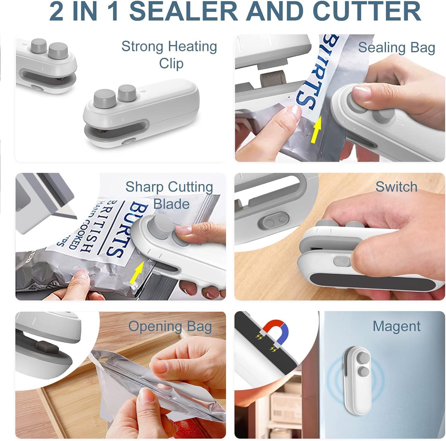 Rechargeable Mini Bag Sealer & Cutter - Stainless Steel, 400mah Battery | 2-in-1 Design, No Preheat, Magnet Back For Easy Storage