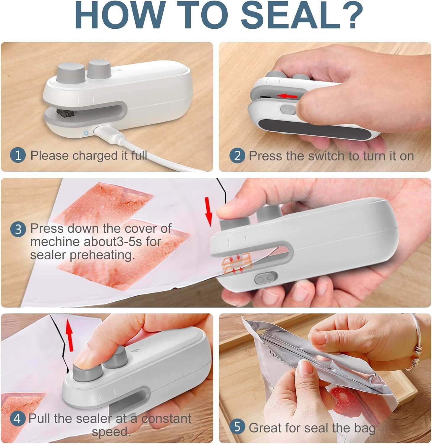 Rechargeable Mini Bag Sealer & Cutter - Stainless Steel, 400mah Battery | 2-in-1 Design, No Preheat, Magnet Back For Easy Storage