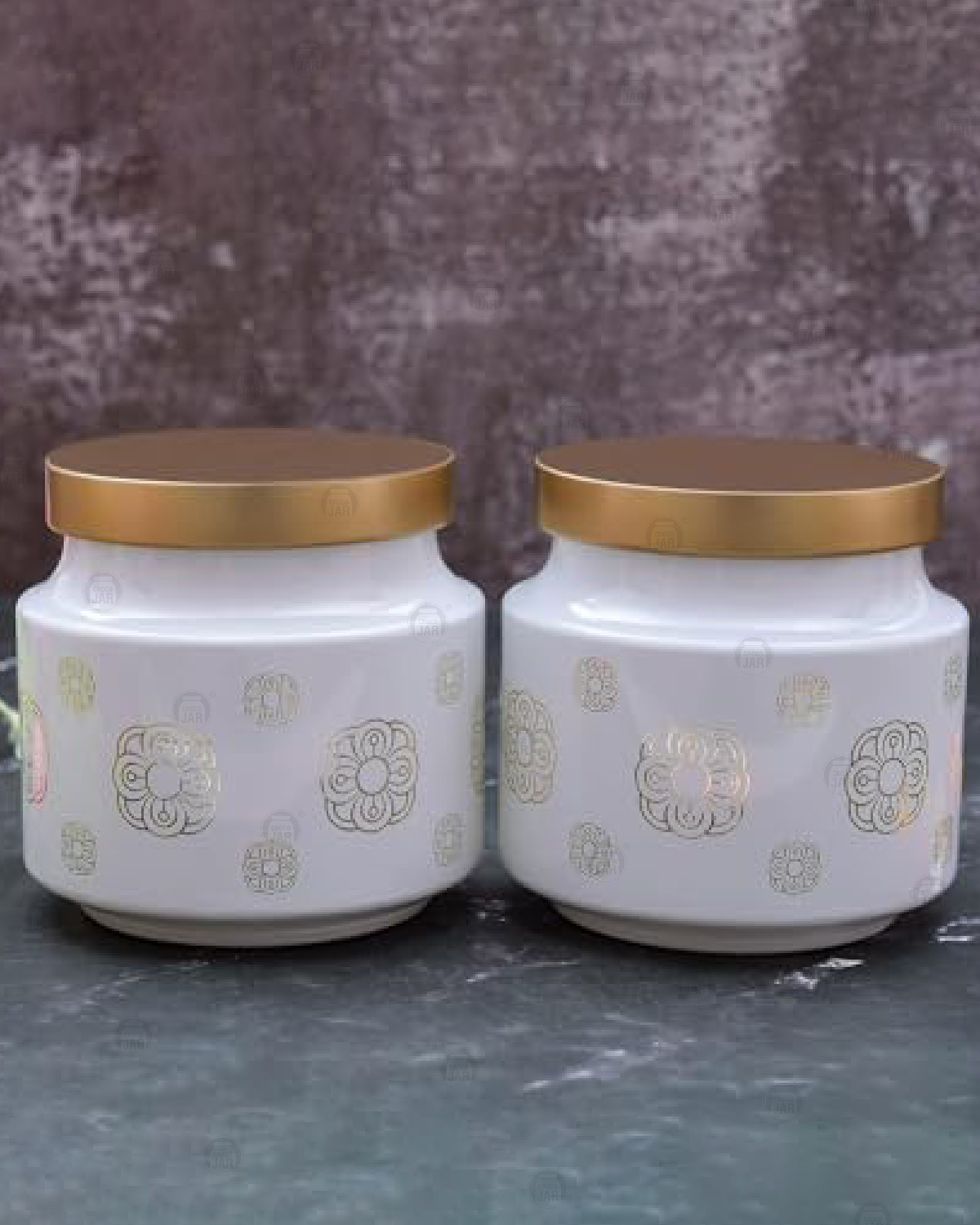 Printed Design Round Shape Container - Plastic And Glass Material, 12 Piece Set For Dry Fruits And Food Storage, White Color | Screw Type Caps