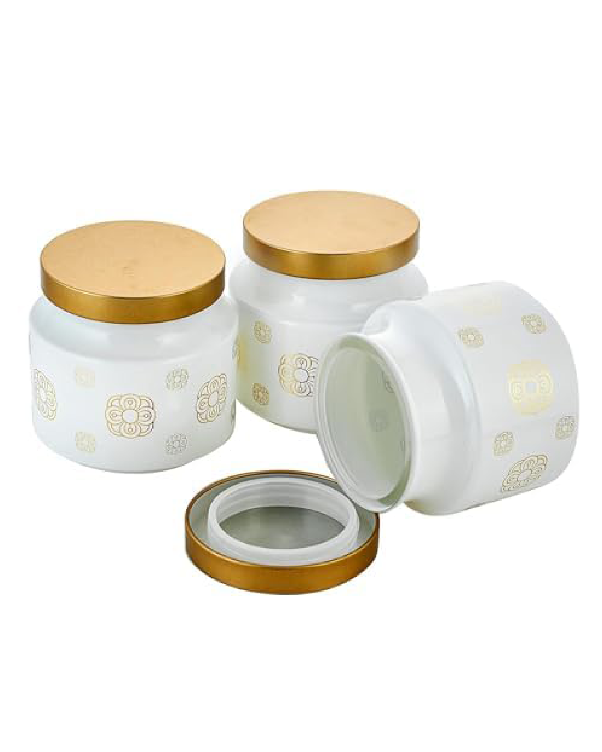 Printed Design Round Shape Container - Plastic And Glass Material, 12 Piece Set For Dry Fruits And Food Storage, White Color | Screw Type Caps