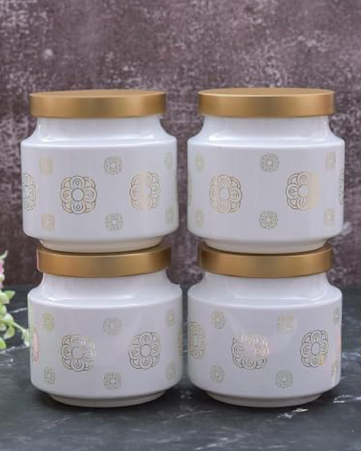 Printed Design Round Shape Container - Plastic And Glass Material, 12 Piece Set For Dry Fruits And Food Storage, White Color | Screw Type Caps