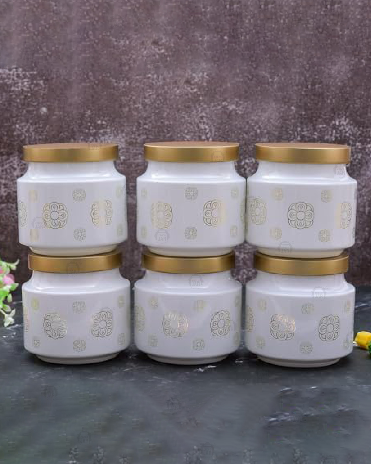 Printed Design Round Shape Container - Plastic And Glass Material, 12 Piece Set For Dry Fruits And Food Storage, White Color | Screw Type Caps